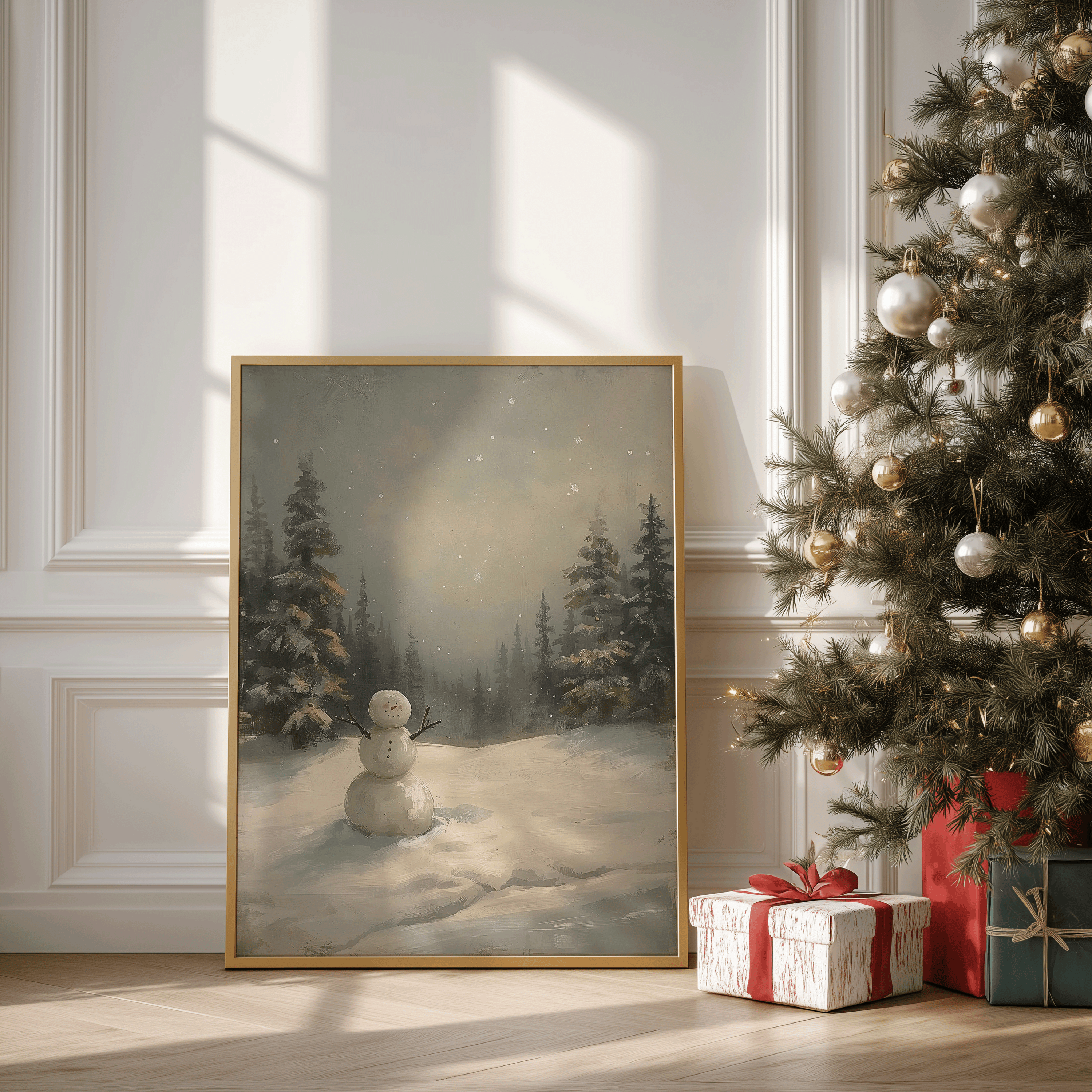 Gold-framed snowman painting leaning near decorated Christmas tree with wrapped gifts and warm sunlit wall