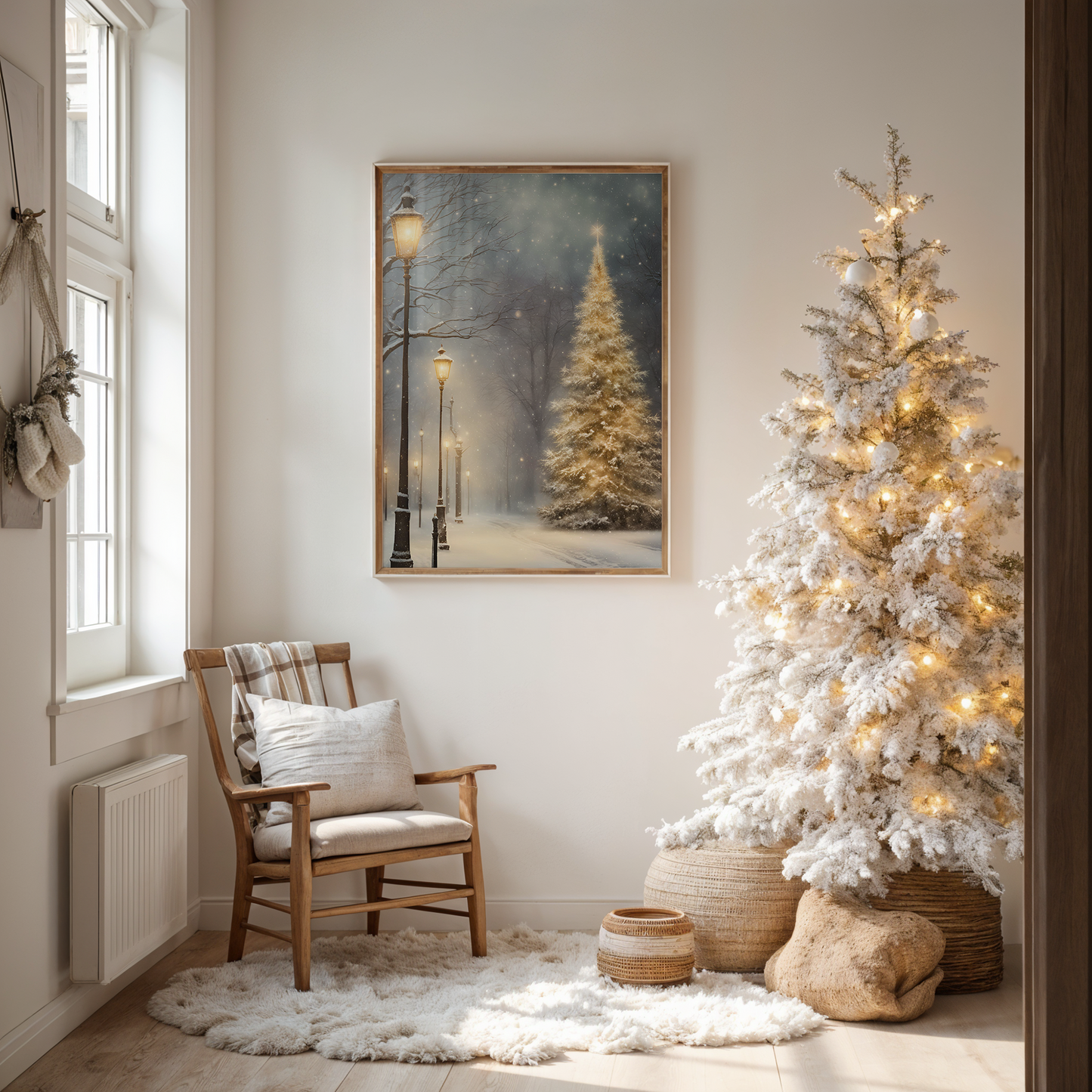 A framed canvas print showing a glowing golden Christmas tree and vintage streetlamps along a snowy pathway, styled in a cozy neutral living room beside a white Christmas tree. Ralph Lauren Christmas holiday wall decor.