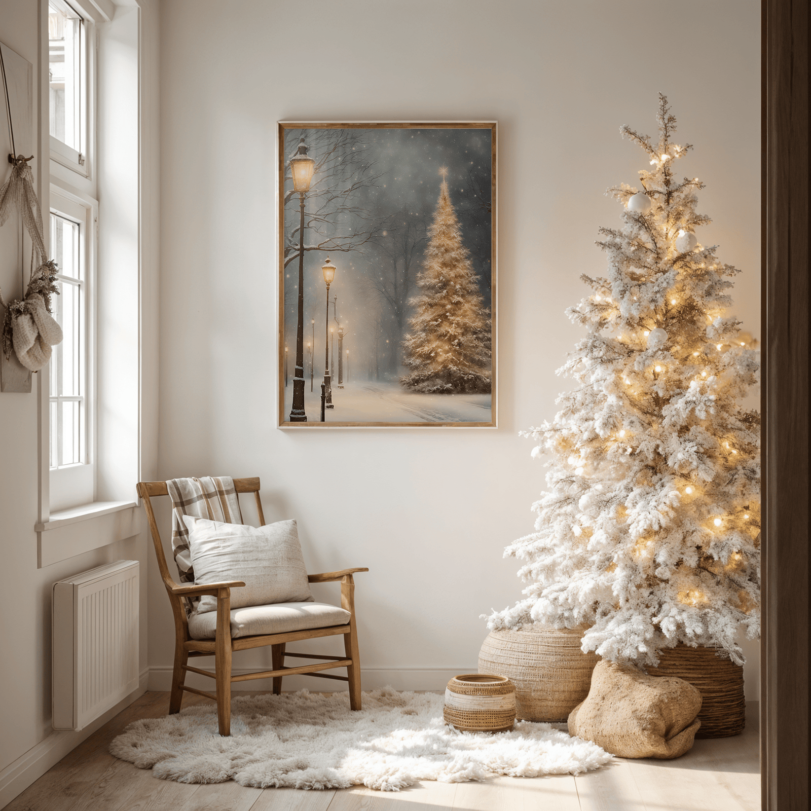 A framed canvas print showing a glowing golden Christmas tree and vintage streetlamps along a snowy pathway, styled in a cozy neutral living room beside a white Christmas tree. Ralph Lauren Christmas holiday wall decor.