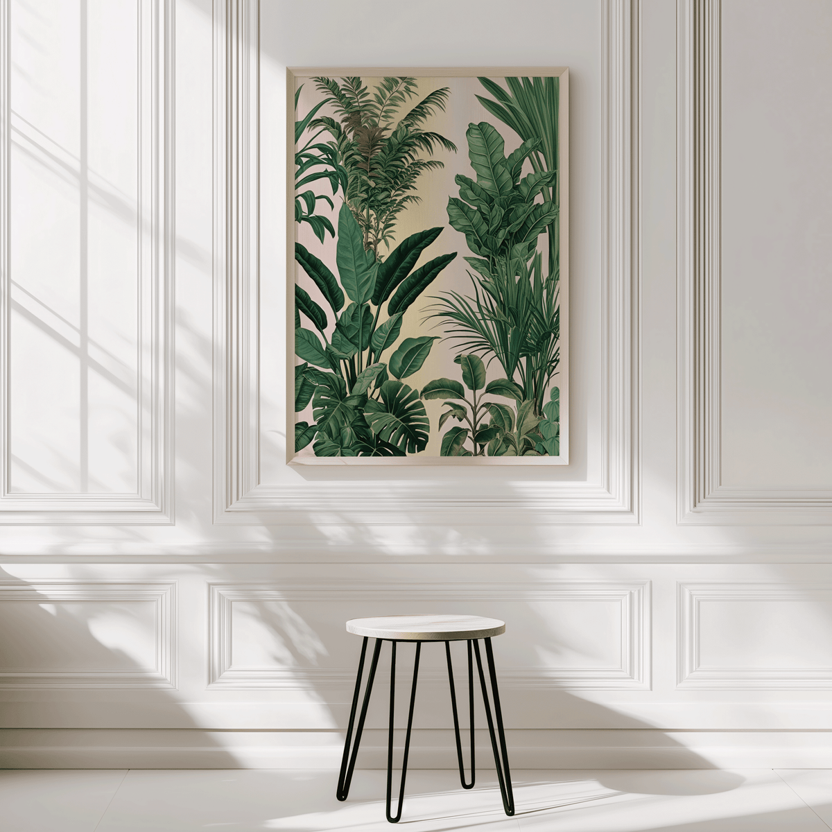 Green jungle leaves wall art in a natural wood frame on a panelled entryway wall