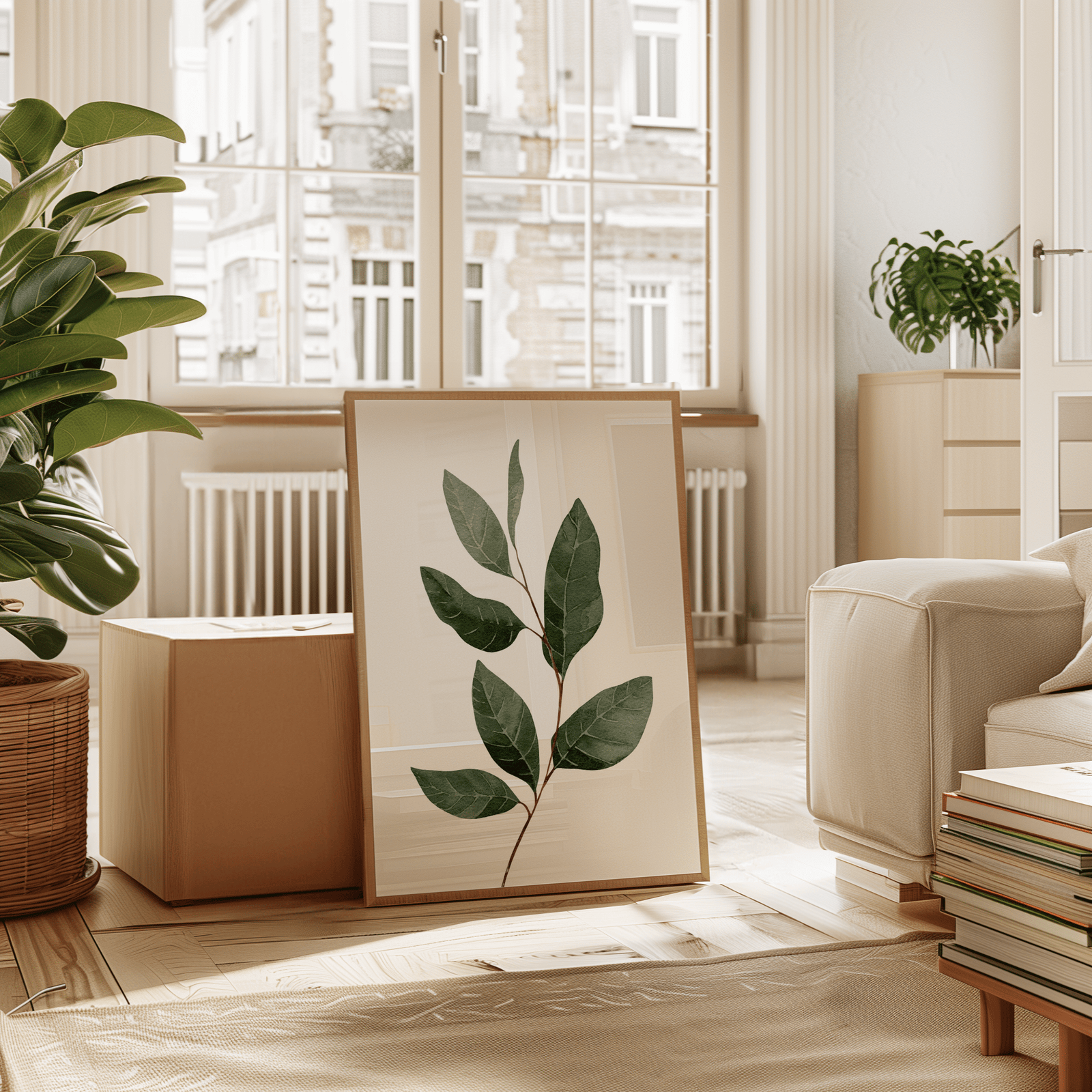 Green leaf wall art in a natural wood frame leaning in a sunlit living room with plants