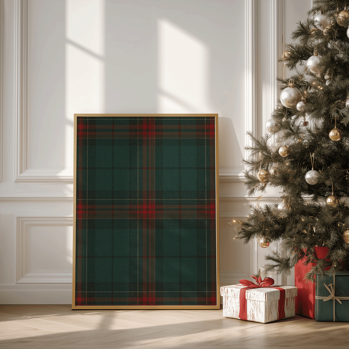 Green and red tartan wall art in a natural wood frame for a classic Christmas living room