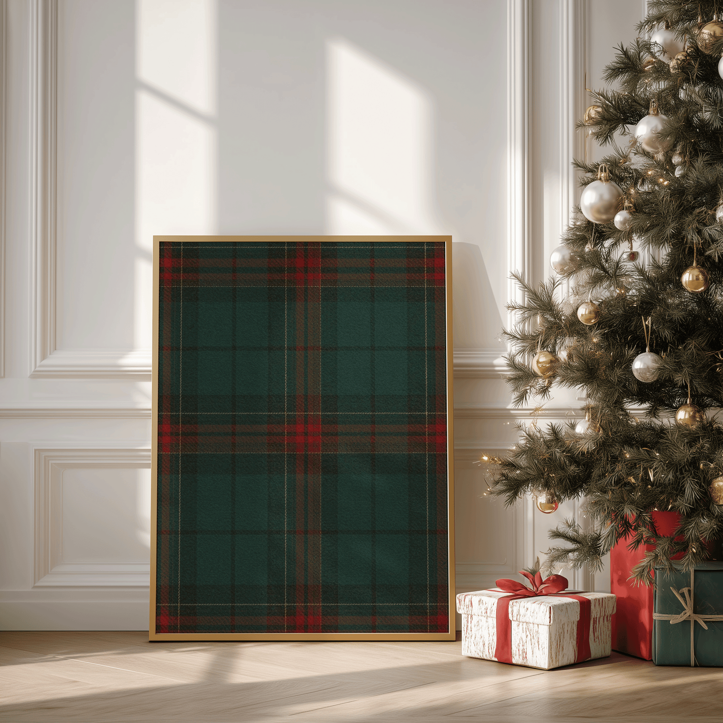 Green and red tartan wall art framed in natural wood, Ralph Lauren Christmas decor print for warm classic holiday interiors