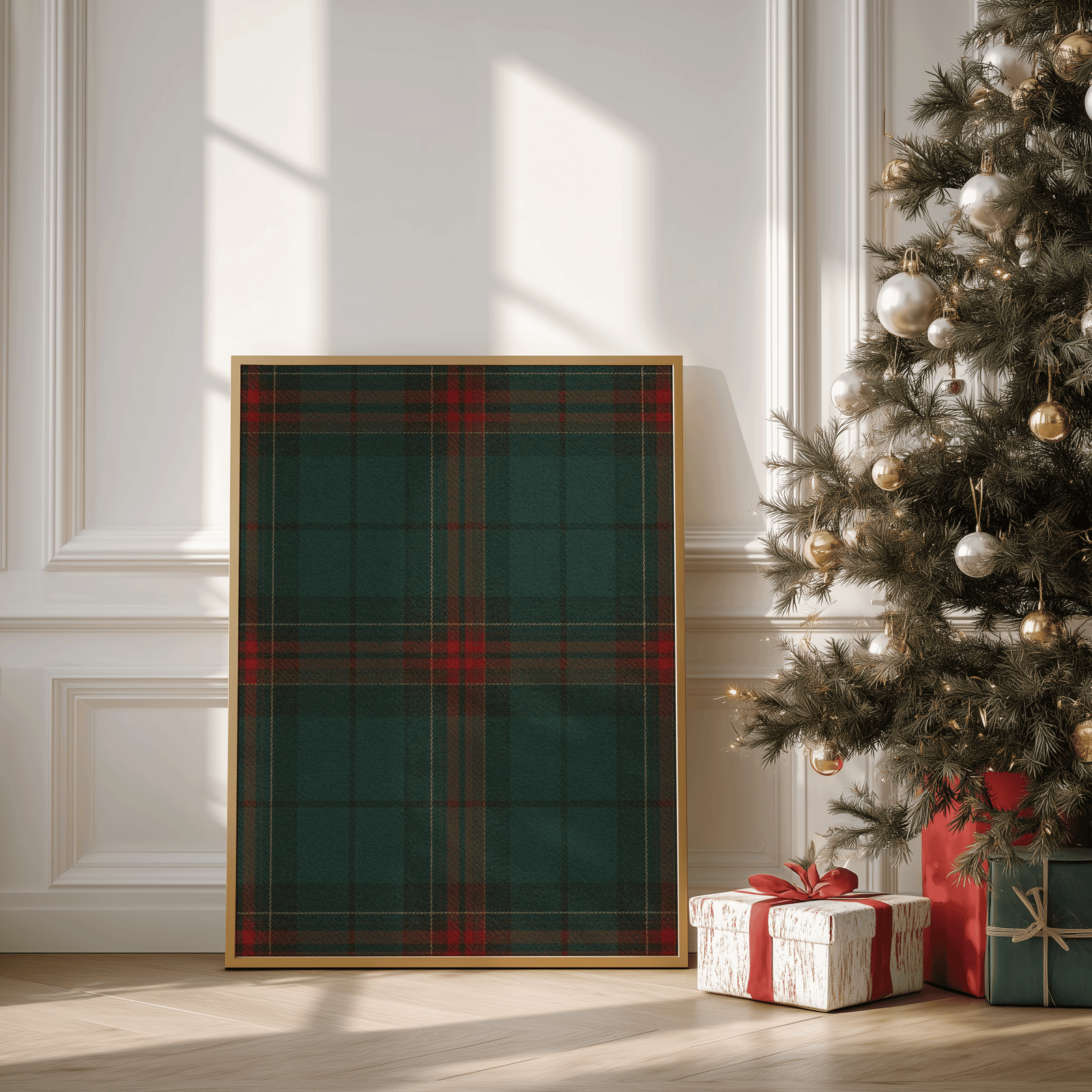 Green and red tartan wall art framed in natural wood, Ralph Lauren Christmas decor print for warm classic holiday interiors