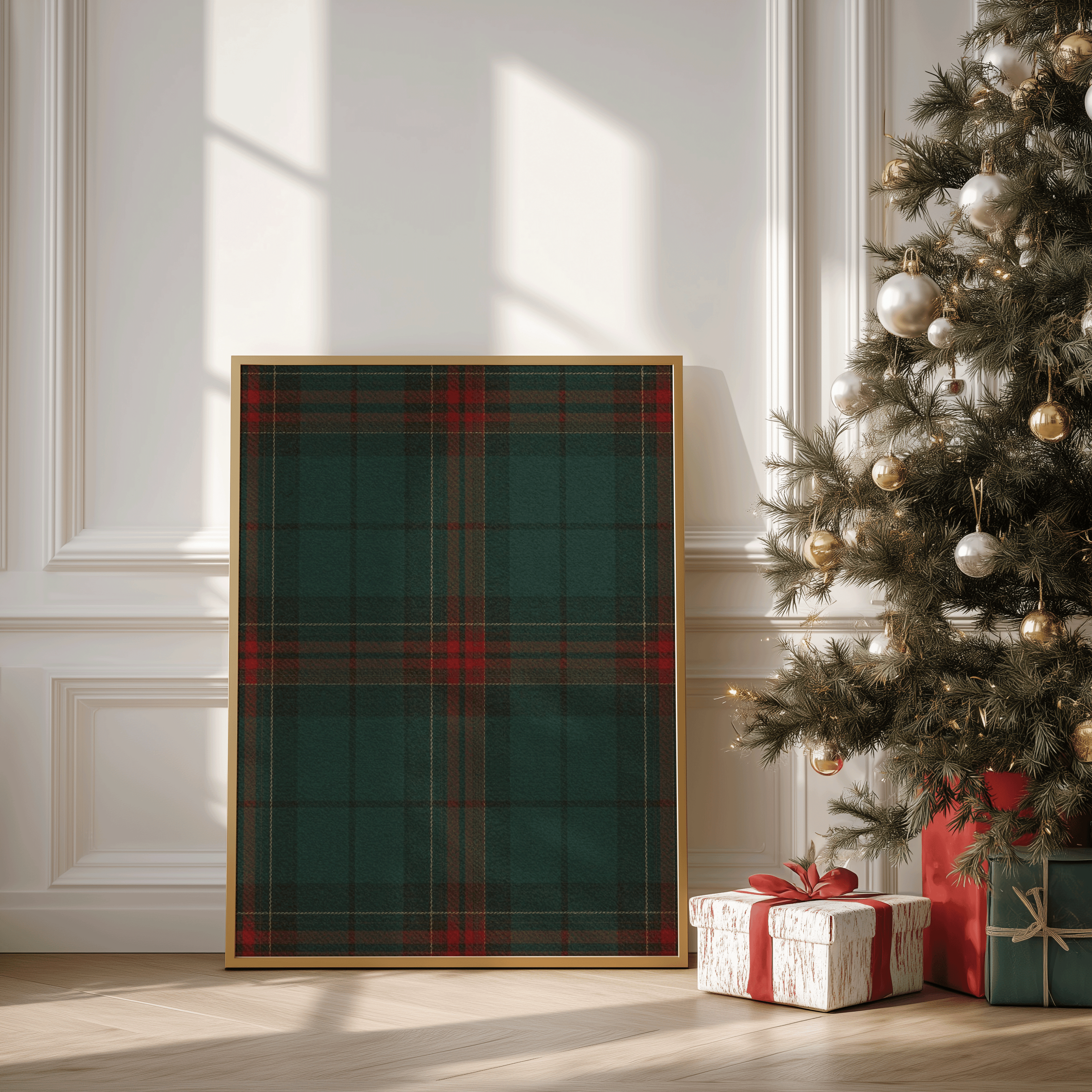 Green and red tartan wall art framed in natural wood, Ralph Lauren Christmas decor print for warm classic holiday interiors