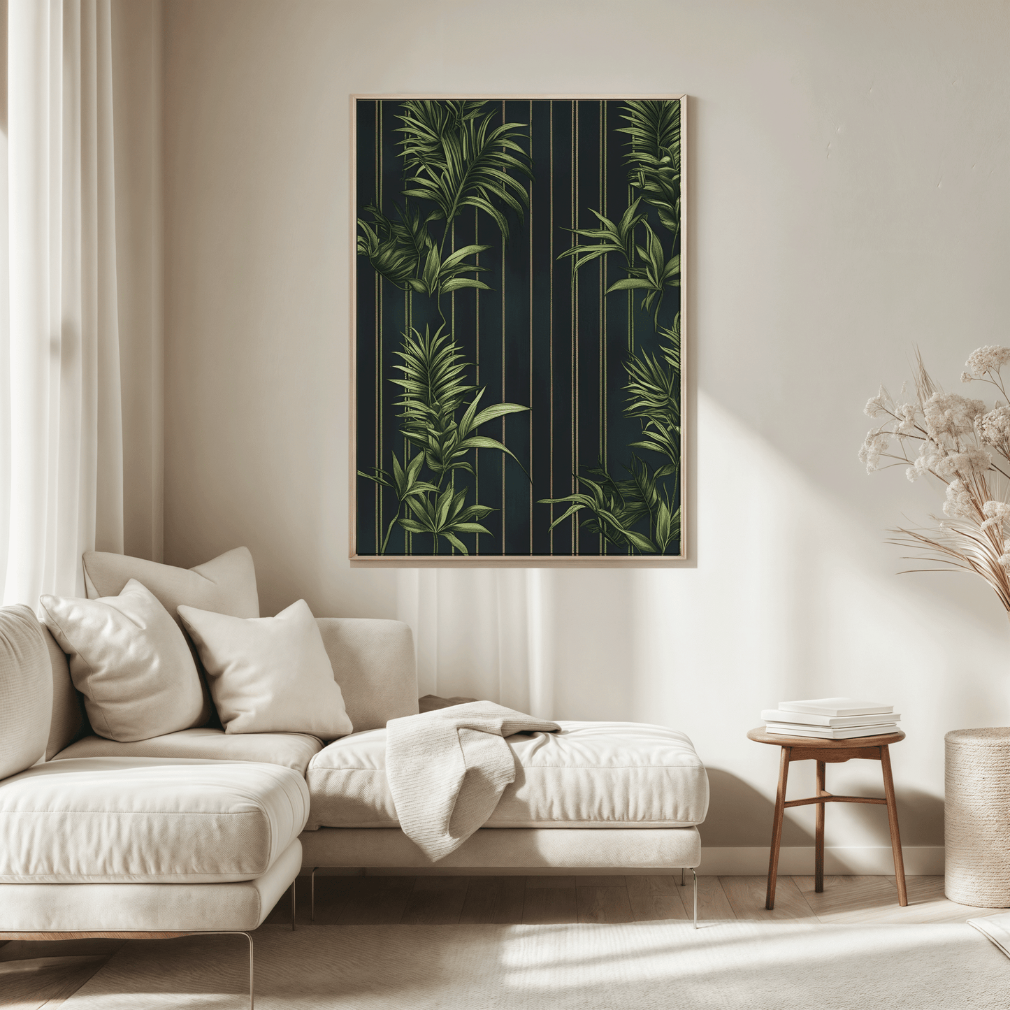 Natural framed tropical wall art above a beige sofa in a living room