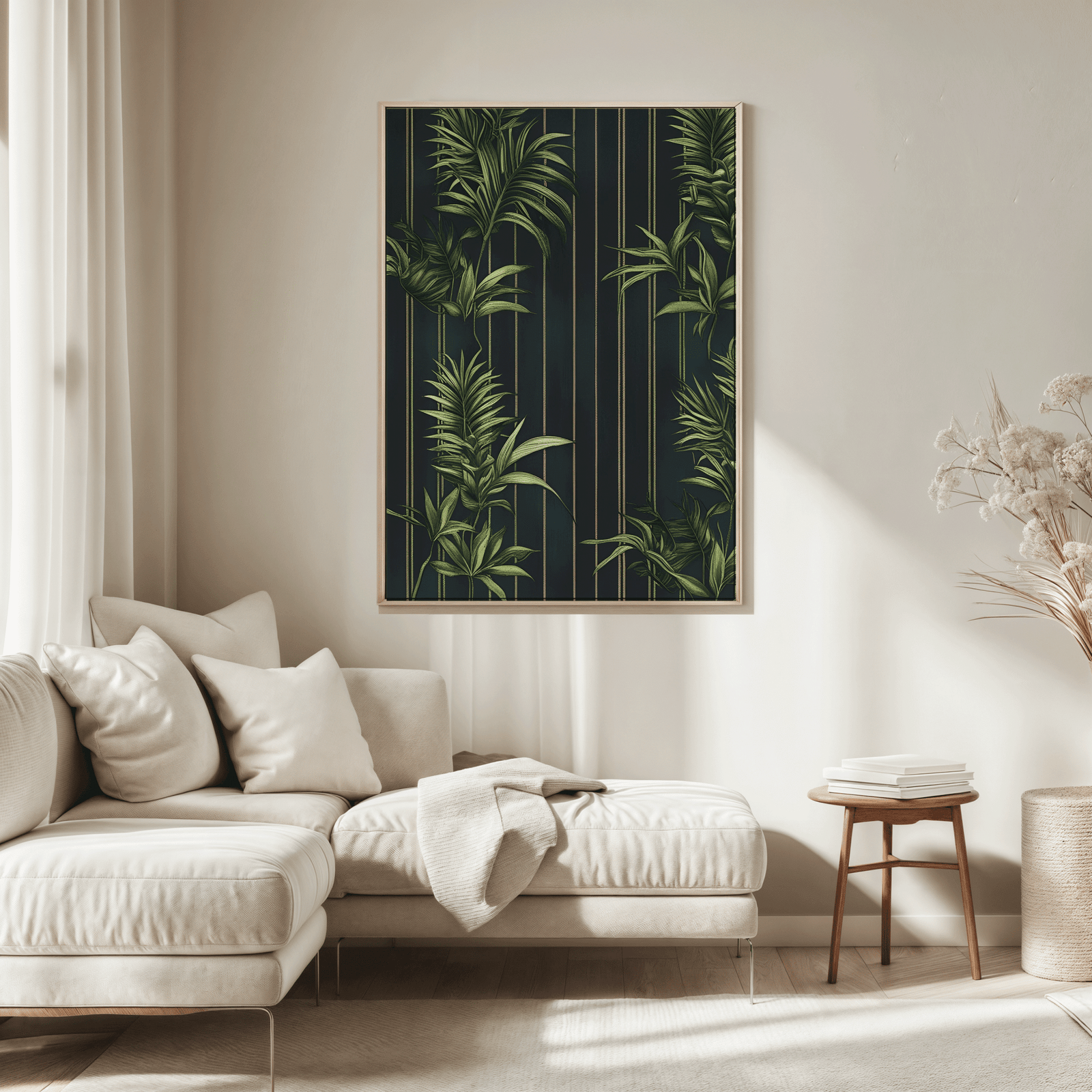 Natural framed tropical wall art above a beige sofa in a living room