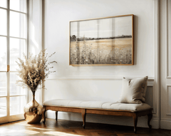 Vintage nature landscape canvas wall art framed above hallway bench with gold vase and cushion
