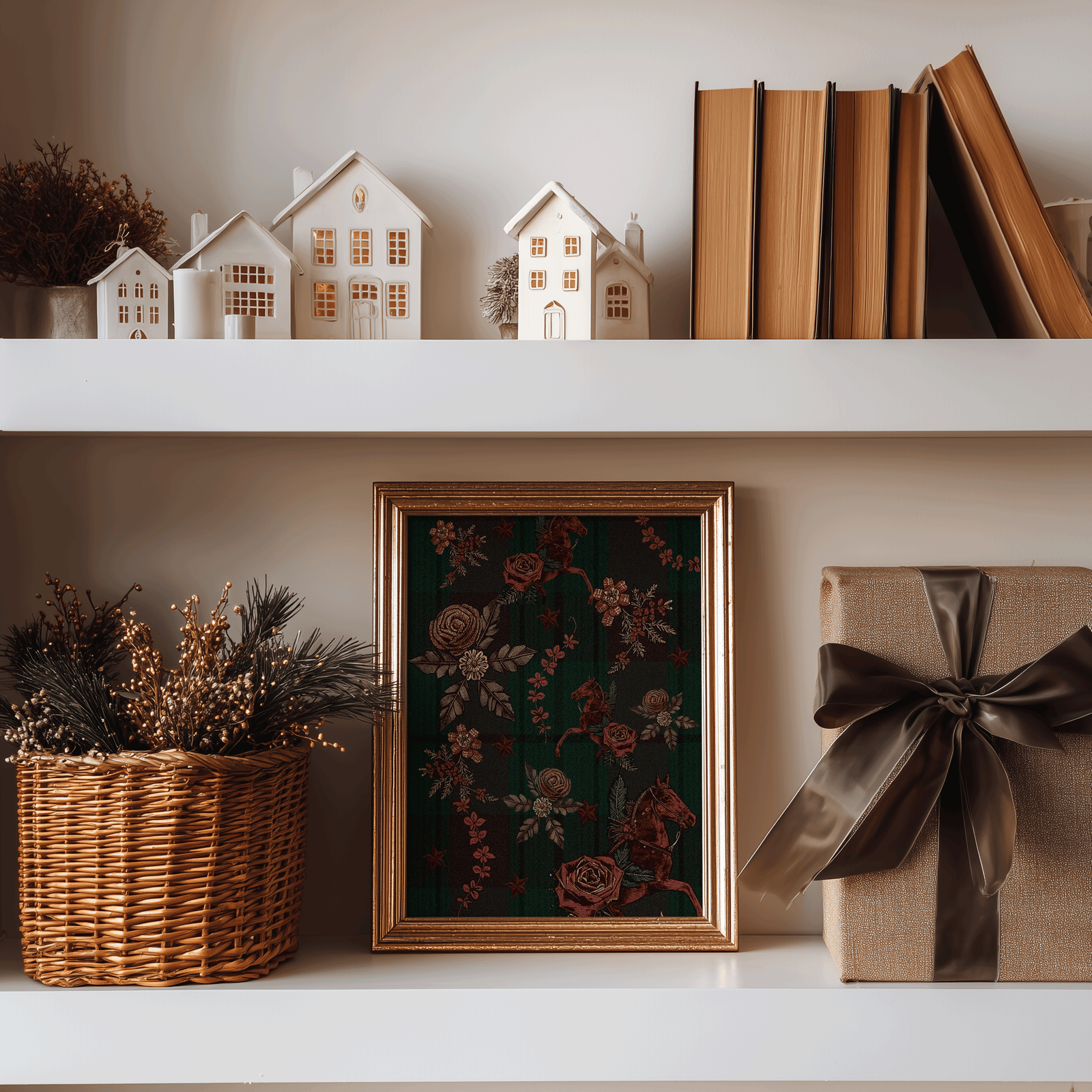 Gold-framed tartan plaid horse print on a Christmas shelf with ceramic holiday houses, a woven basket and a wrapped gift