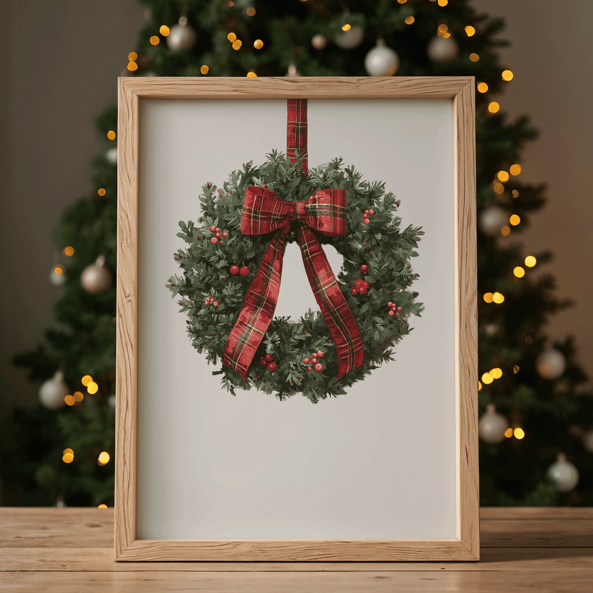 Holiday wreath wall art with a tartan bow in a natural wood frame in front of twinkling tree lights