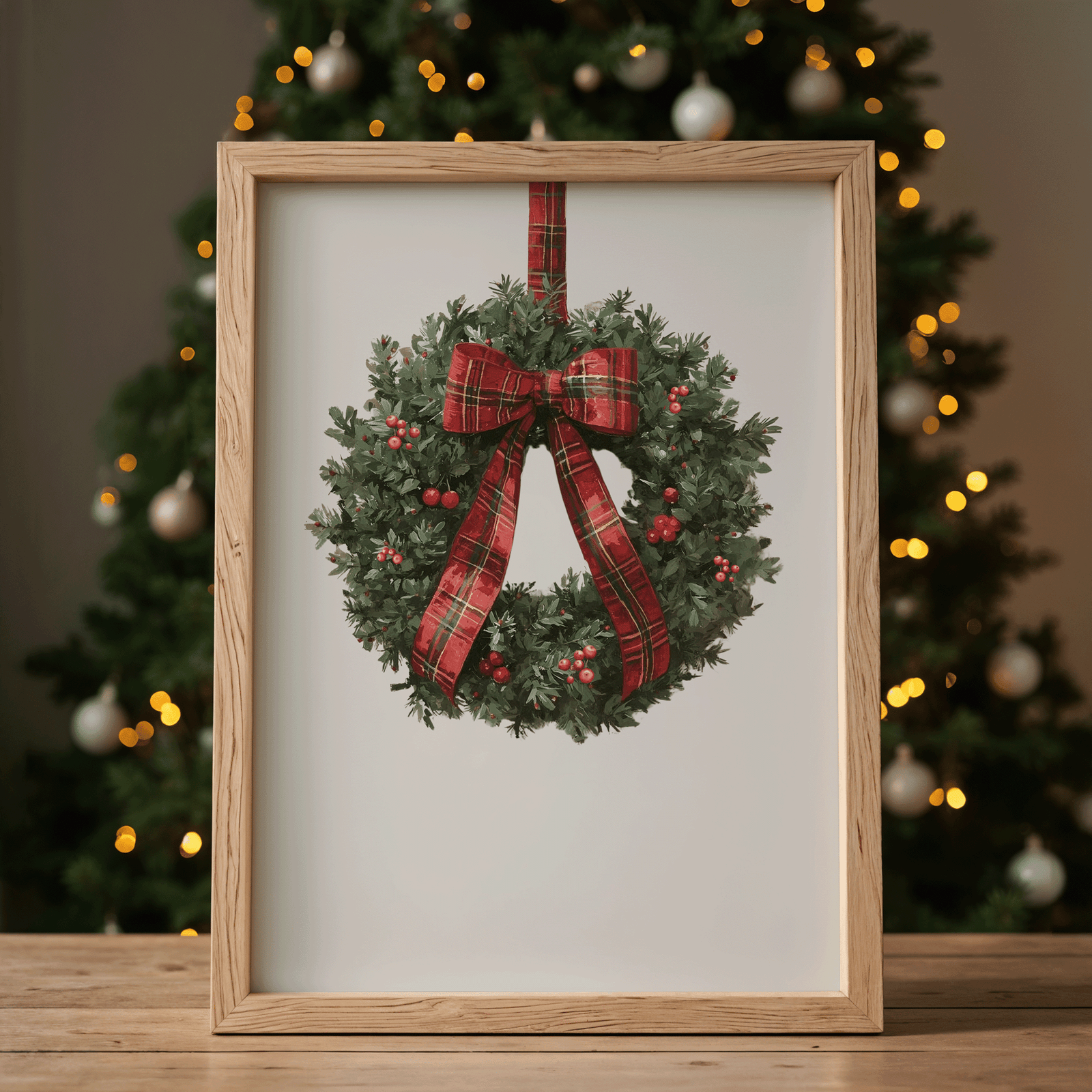 Holiday wreath wall art with a tartan bow in a natural wood frame in front of twinkling tree lights
