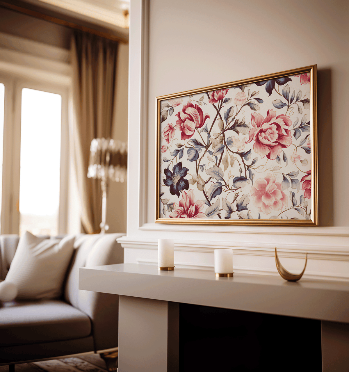 Horizontal floral wall art in a natural frame above a fireplace mantel in a warm beige room