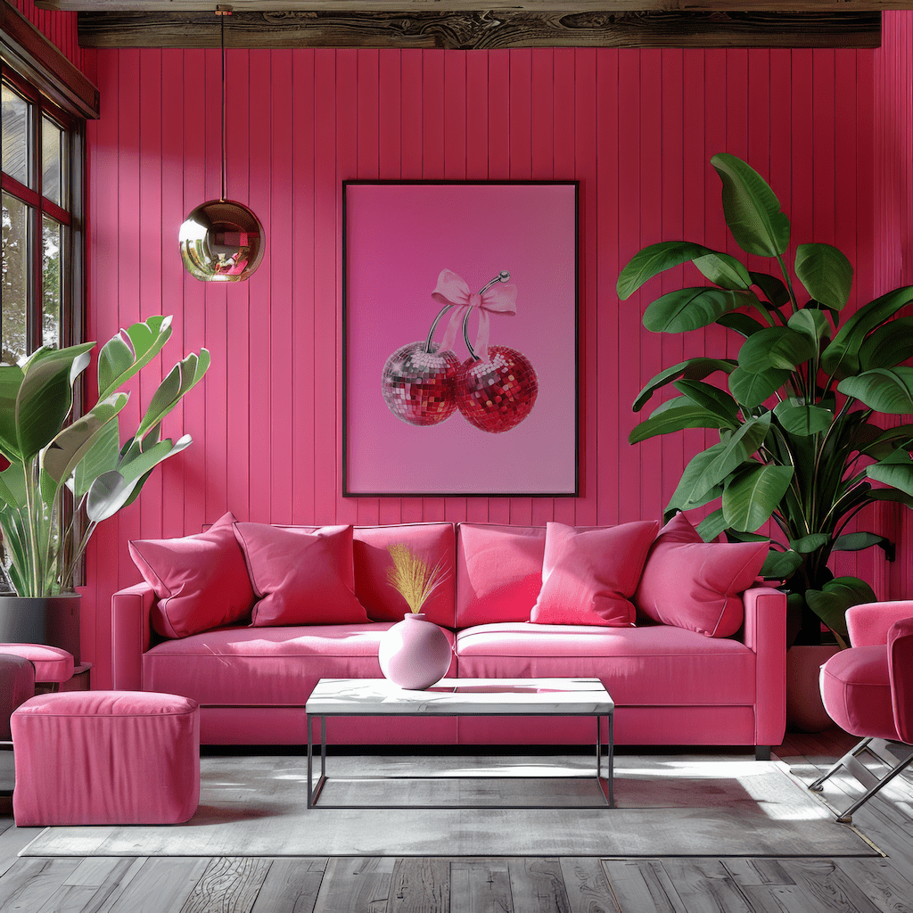 Hot pink cherry wall art on a pink panelled wall above a pink sofa in a bold pink living room