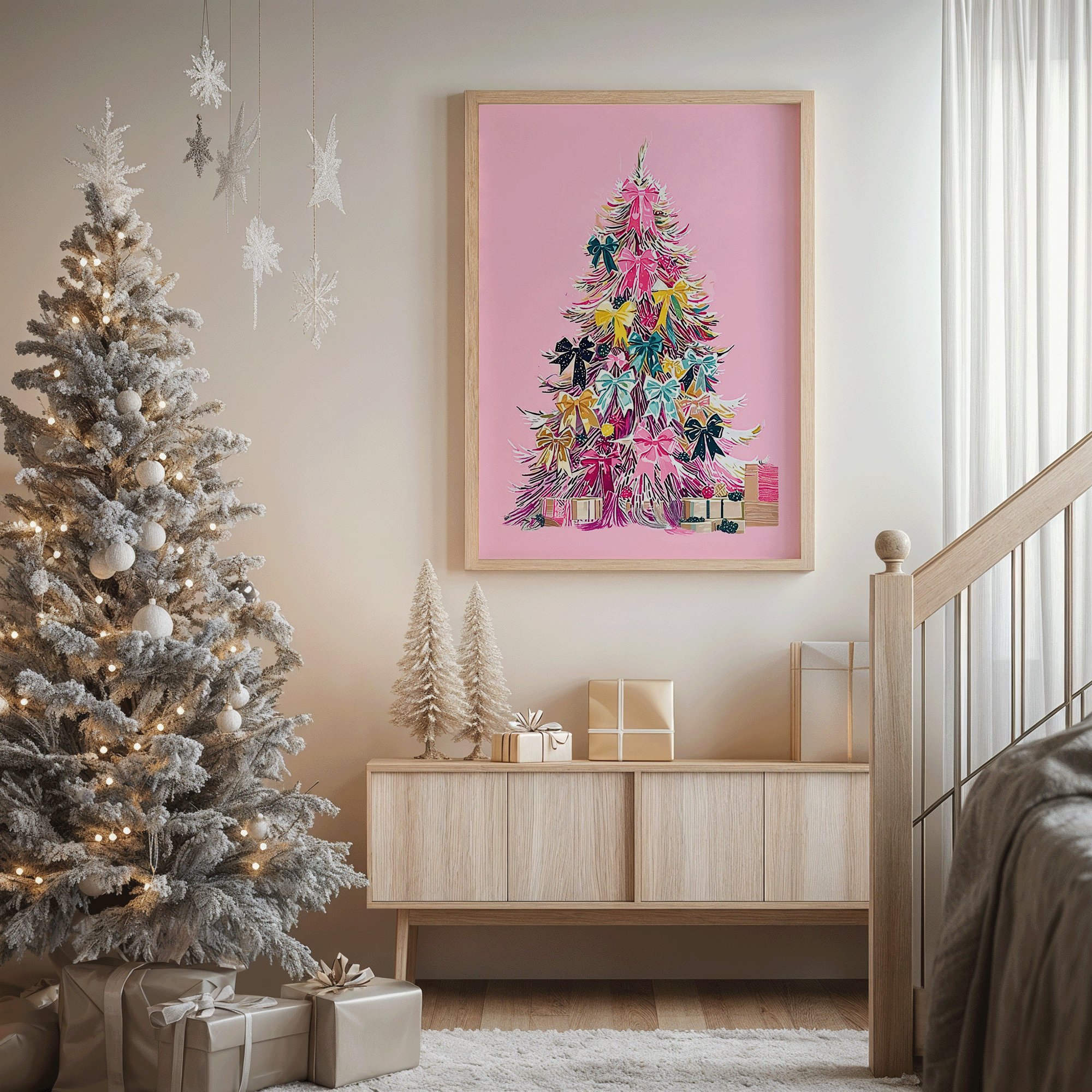 Hot pink Christmas tree wall art framed in light wood with colorful ornaments, vibrant seasonal wall decor in a neutral, modern living room with a white flocked christmas tree