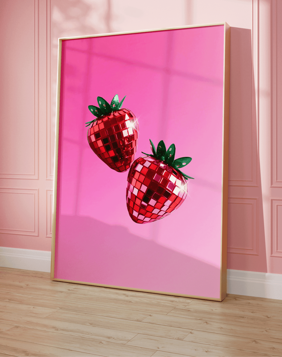 Hot pink strawberry print in a natural frame leaning against a pink panelled wall
