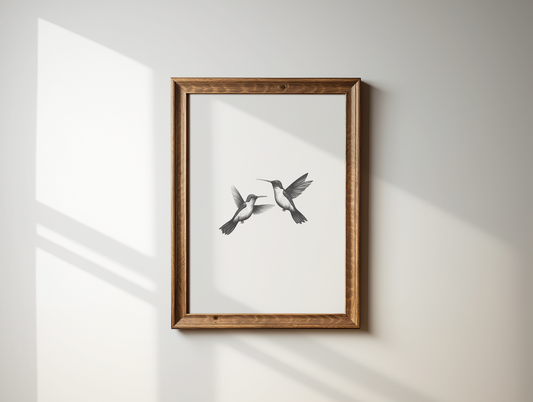 Minimalist hummingbird wall art in black and white framed print with two birds in flight on a neutral wall
