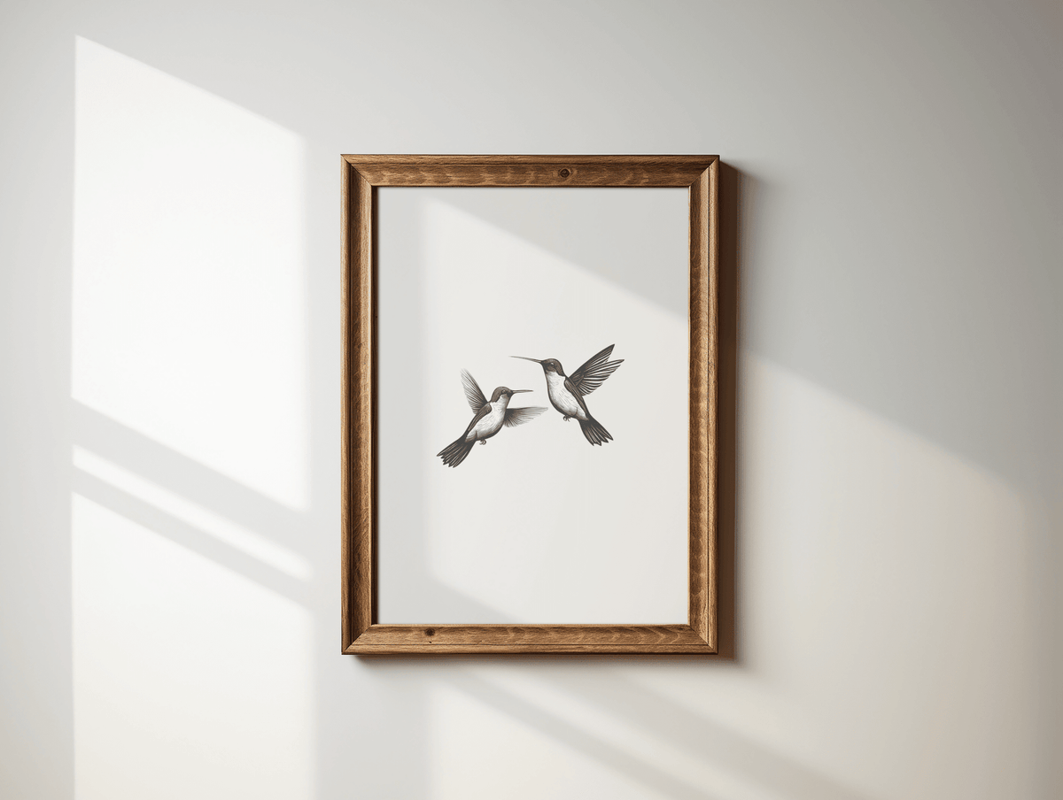 Hummingbird sketch print in a brown wood frame on a white wall in soft daylight
