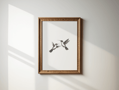 Hummingbird sketch print in a brown wood frame on a white wall in soft daylight