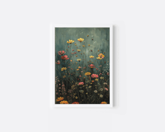 close-up of hunter green wildflower canvas print in a white frame showcasing detailed yellow, coral, and peach blooms on a moody green background