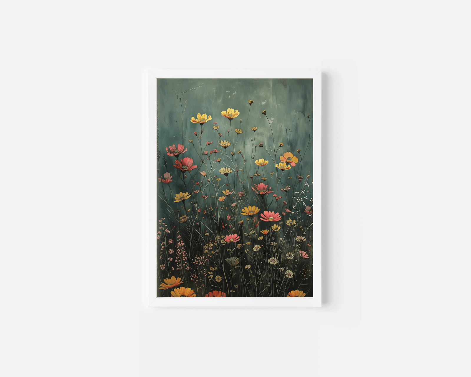 close-up of hunter green wildflower canvas print in a white frame showcasing detailed yellow, coral, and peach blooms on a moody green background