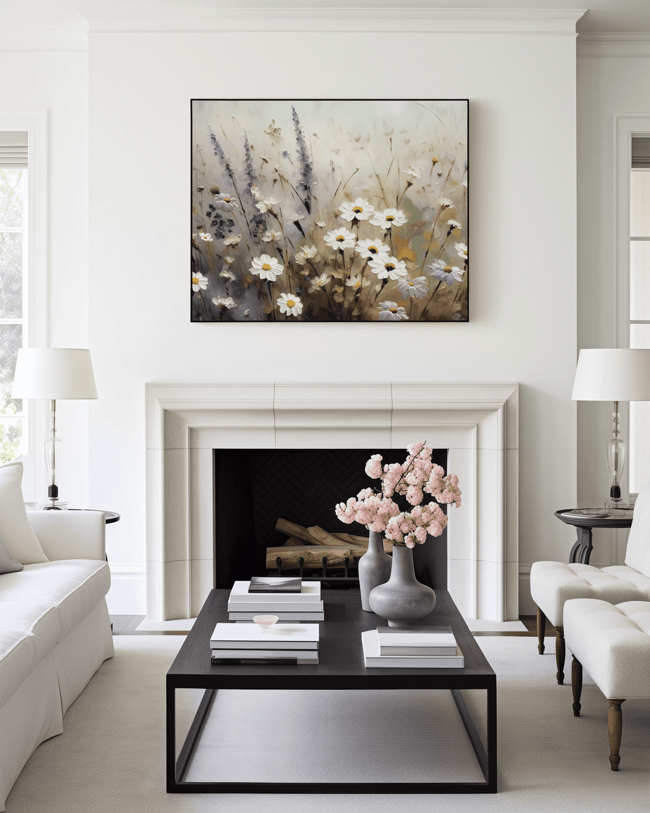 Wildflower meadow wall art with white daisies and purple lavender above a white fireplace with a black frame. A beautiful impressionist abstract canvas print for a modern living room.