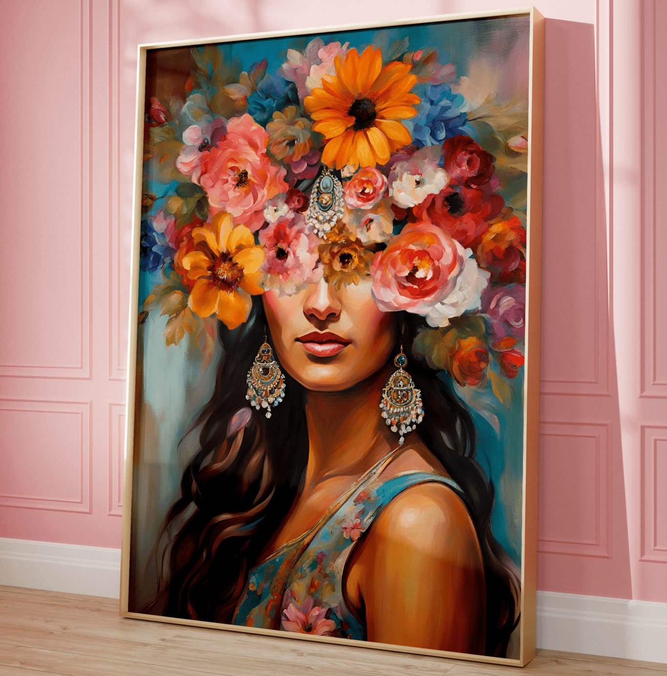 A beautiful Indian woman with long brown wavy hair and a floral head crown covering her eyes. Flower wall art - a framed feminine portrait with bright flowers and elegant floral headpiece leaning up against a pink wall. A bold statement art print for a bedroom, living room, dining room or office.