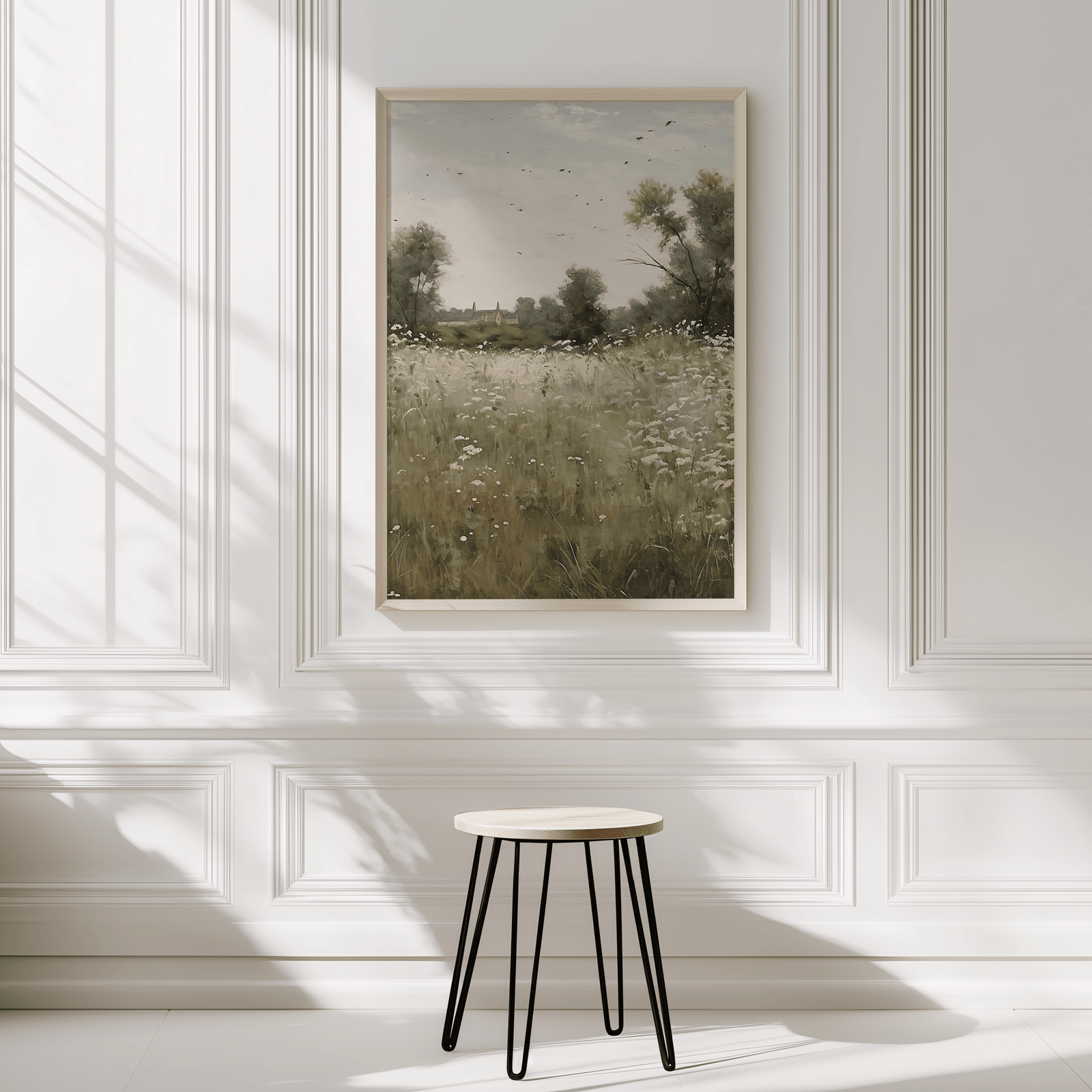 Vintage countryside wall art print with meadow and trees in white panel room
