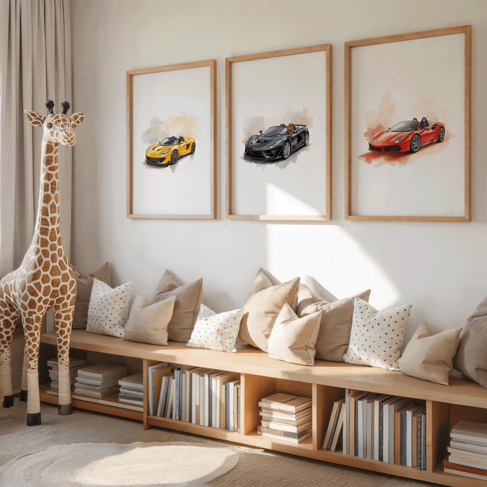 Three large framed watercolor sports car prints — a bright yellow car, a sleek black car, and a vibrant red race car — hanging above a neutral kids reading bench with beige pillows, organized bookshelves, and soft natural sunlight; ideal for boys playrooms and toddlers who love hot wheels car wall art
