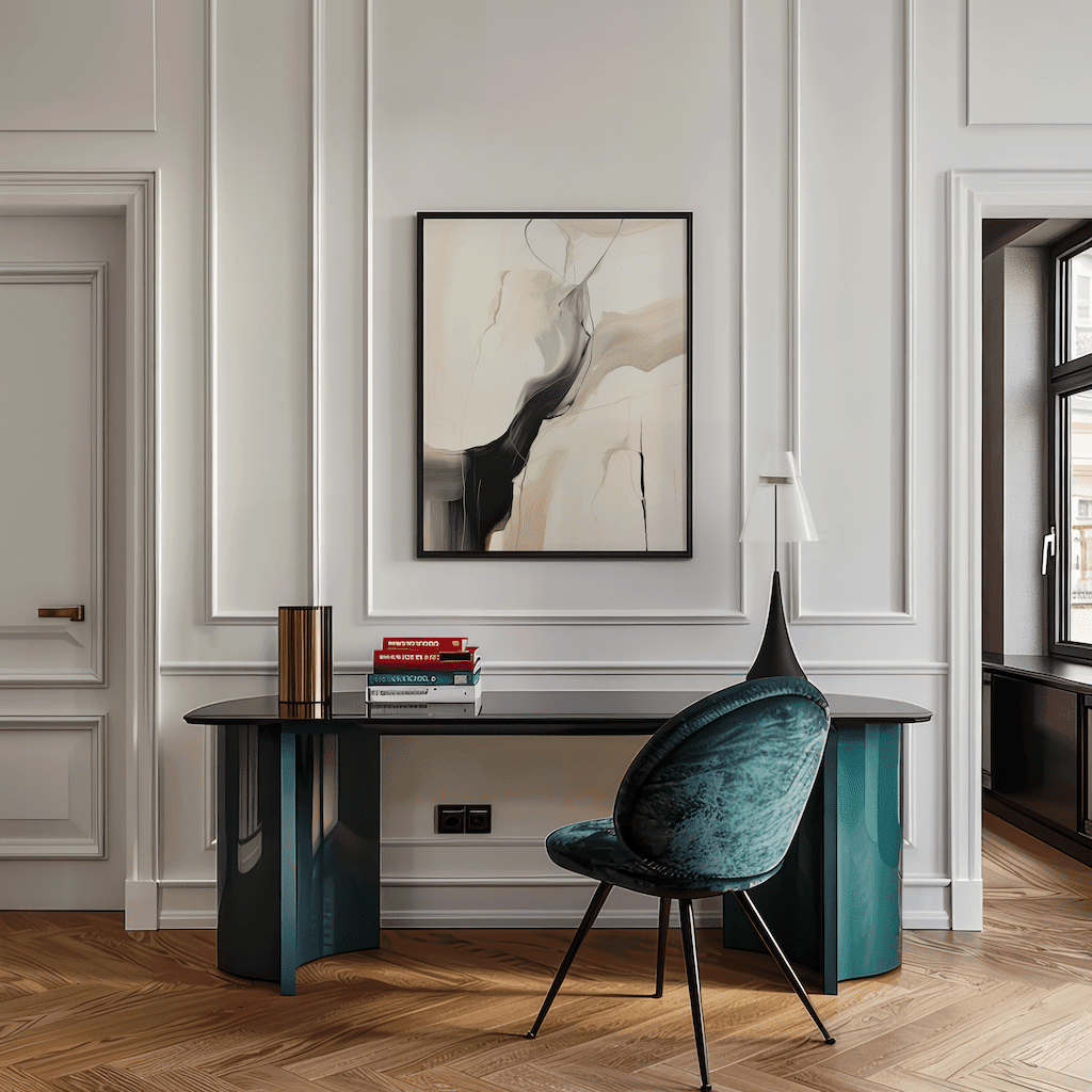 Modern office setup with a desk, chair, and a large framed abstract wall art with black, beige and white movement,