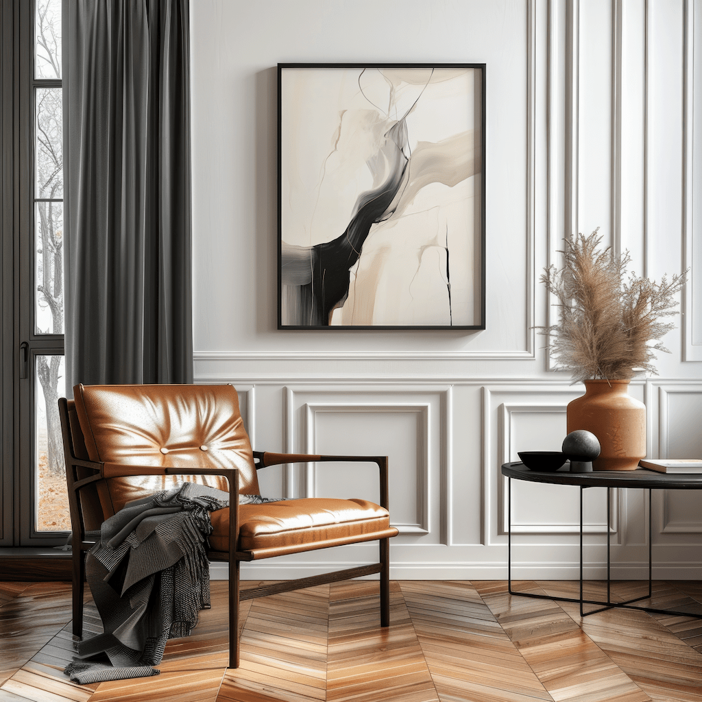 Modern living room with brown leather chair, black, white and beige large abstract wall art print framed with a black frame, and decorative elements.