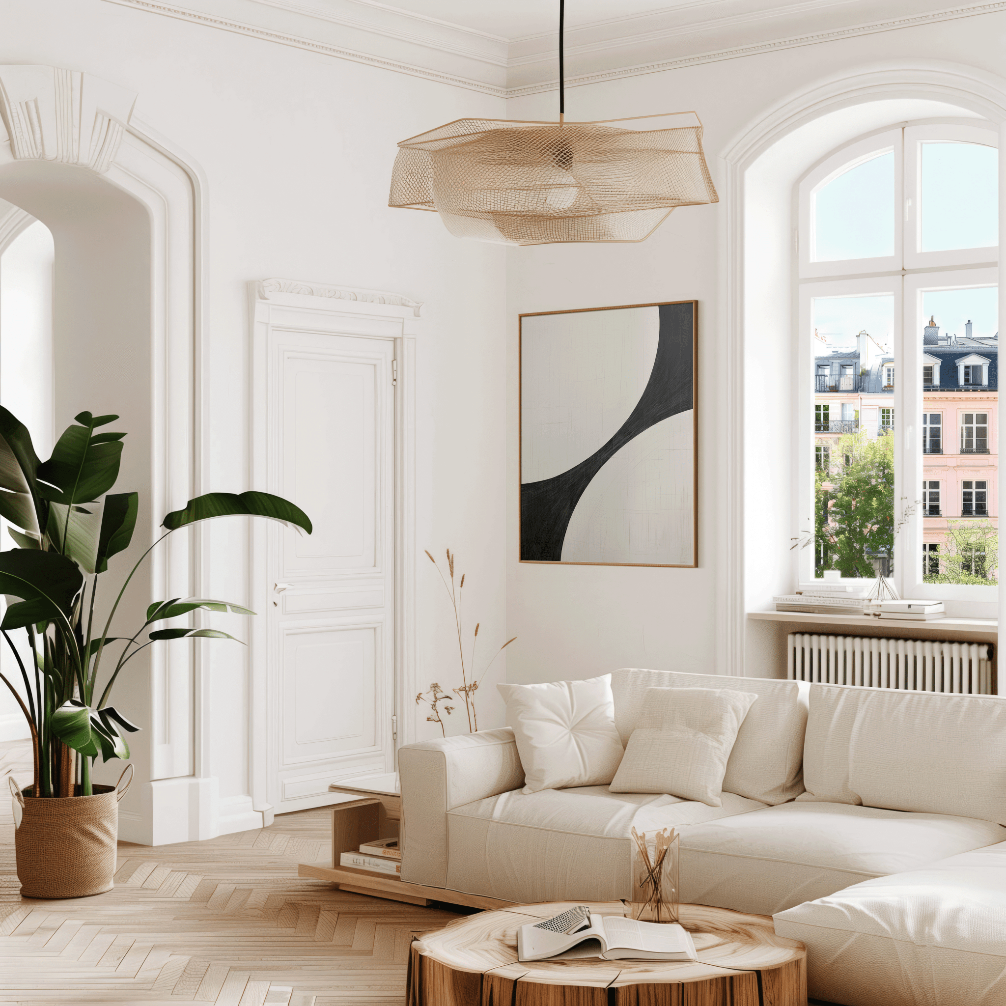 Framed black and white abstract art on a bright apartment wall near tall windows and natural light in a modern living room.