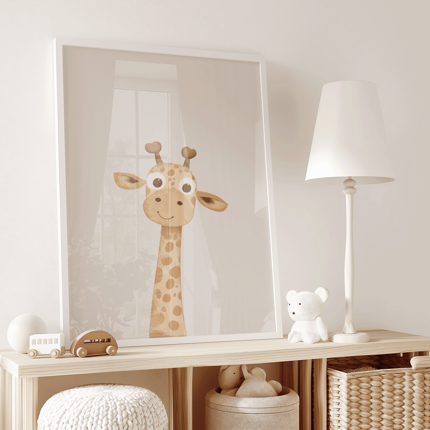 Boho giraffe nursery wall decor print  framed on wooden shelf in neutral baby room