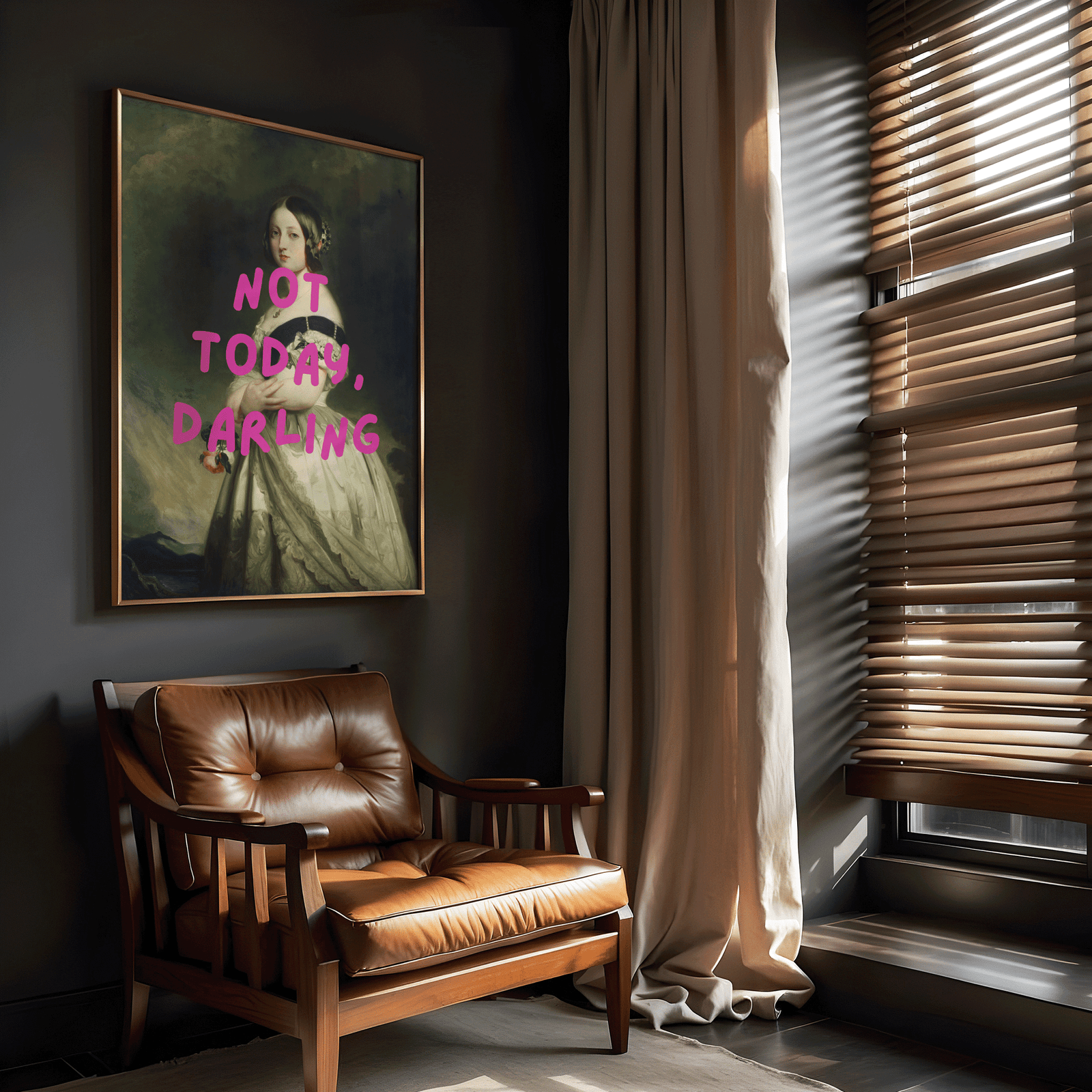 oversized bold statement wall art framed above a leather chair in dark, modern home office with vintage portrait and hot pink text