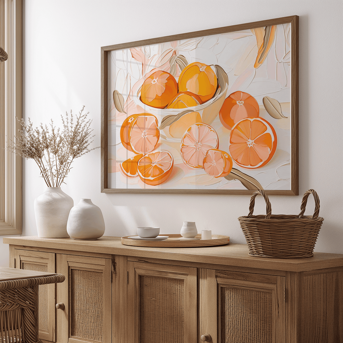 large framed bowl of oranges citrus canvas wall art print with sliced fruit and soft backdrop over a wooden sideboard in a neutral, minimal dining room