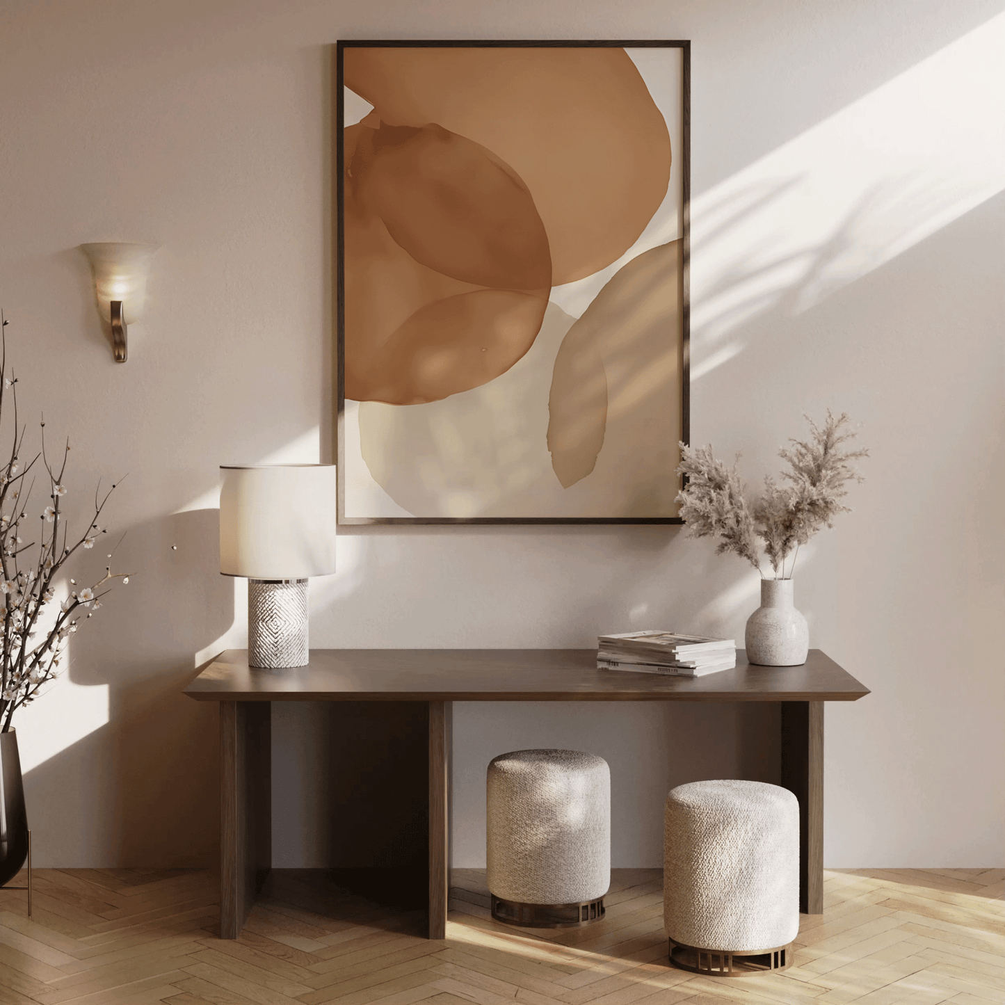 Oversized terracotta watercolor abstract wall art with burnt orange, brown, beige, cream and grey colors over brown wooden console table in warm entryway.