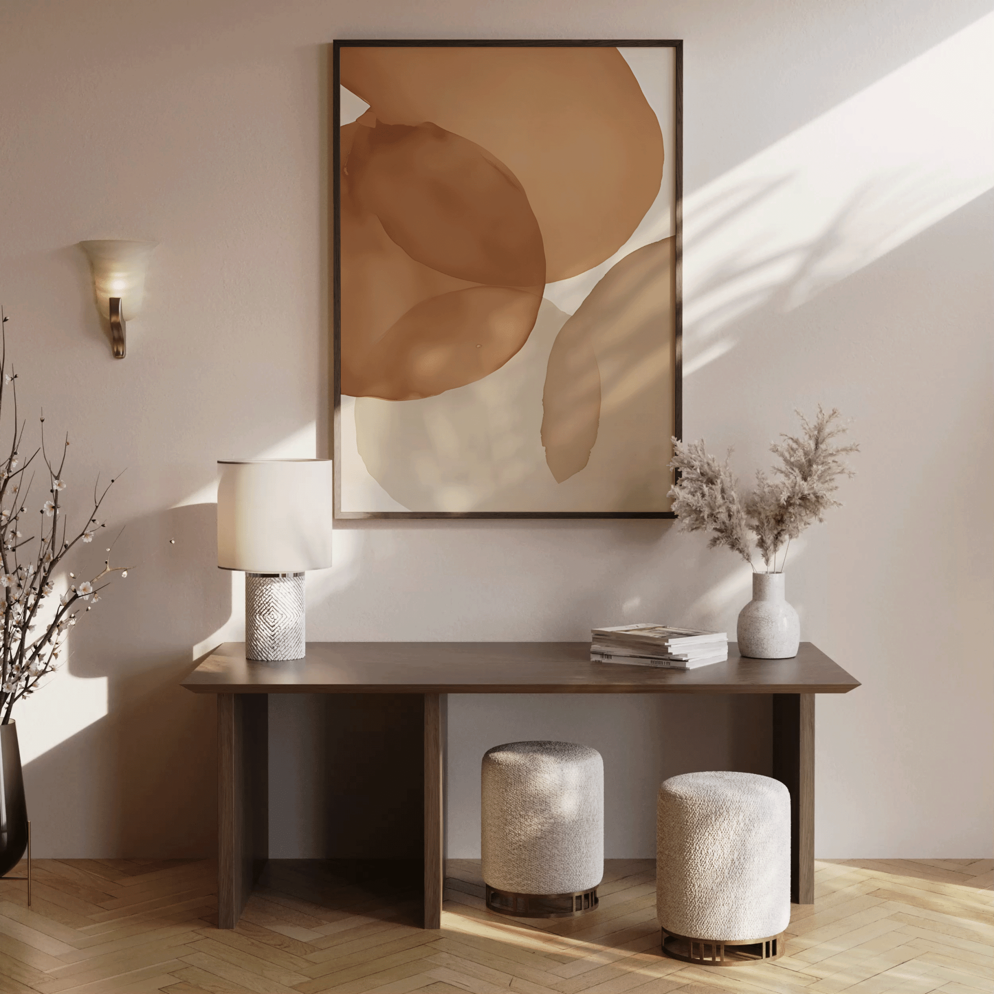 Oversized terracotta watercolor abstract wall art with burnt orange, brown, beige, cream and grey colors over brown wooden console table in warm entryway.