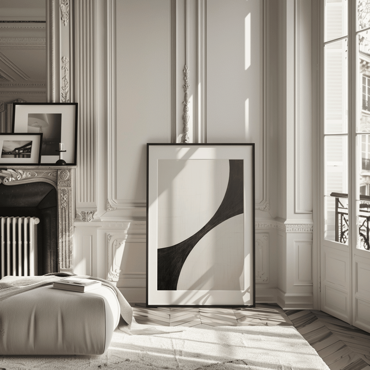 Oversized black and white curve abstract in a black frame leaning against a Parisian fireplace in a modern living room.