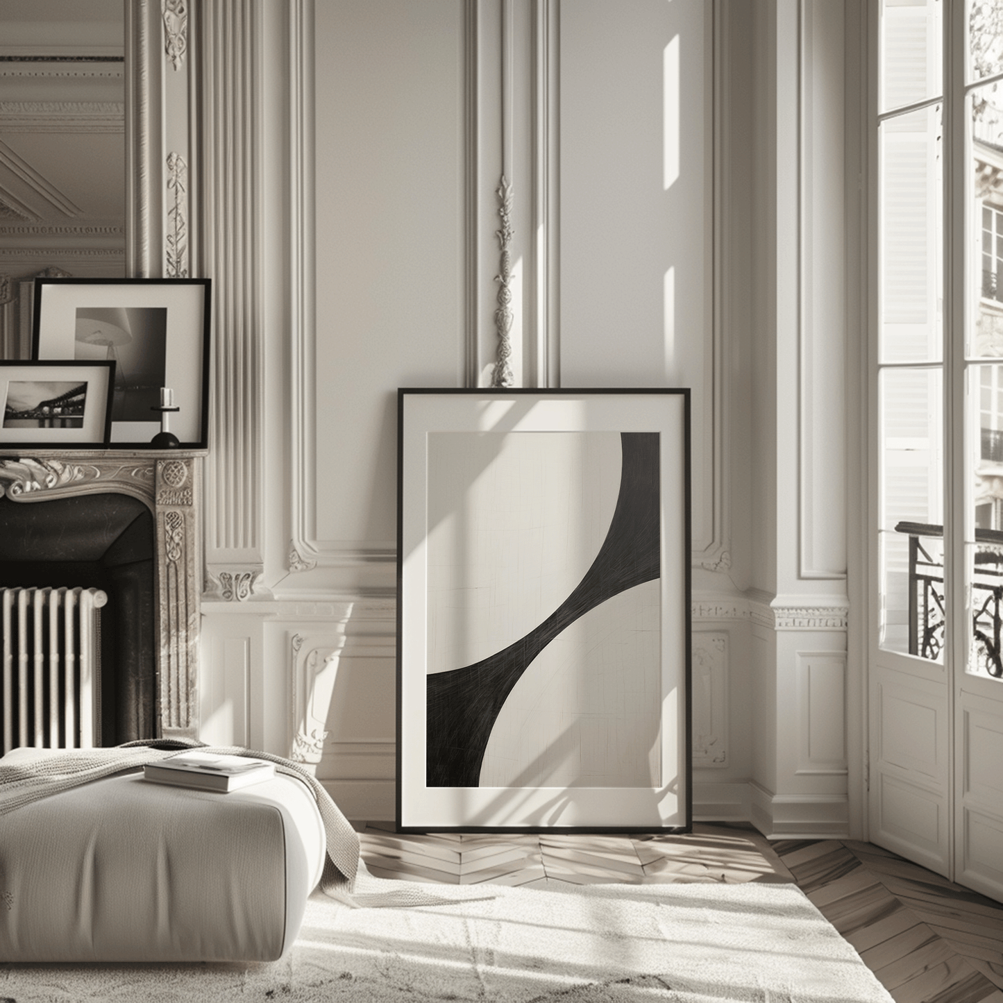 Oversized black and white curve abstract in a black frame leaning against a Parisian fireplace in a modern living room.