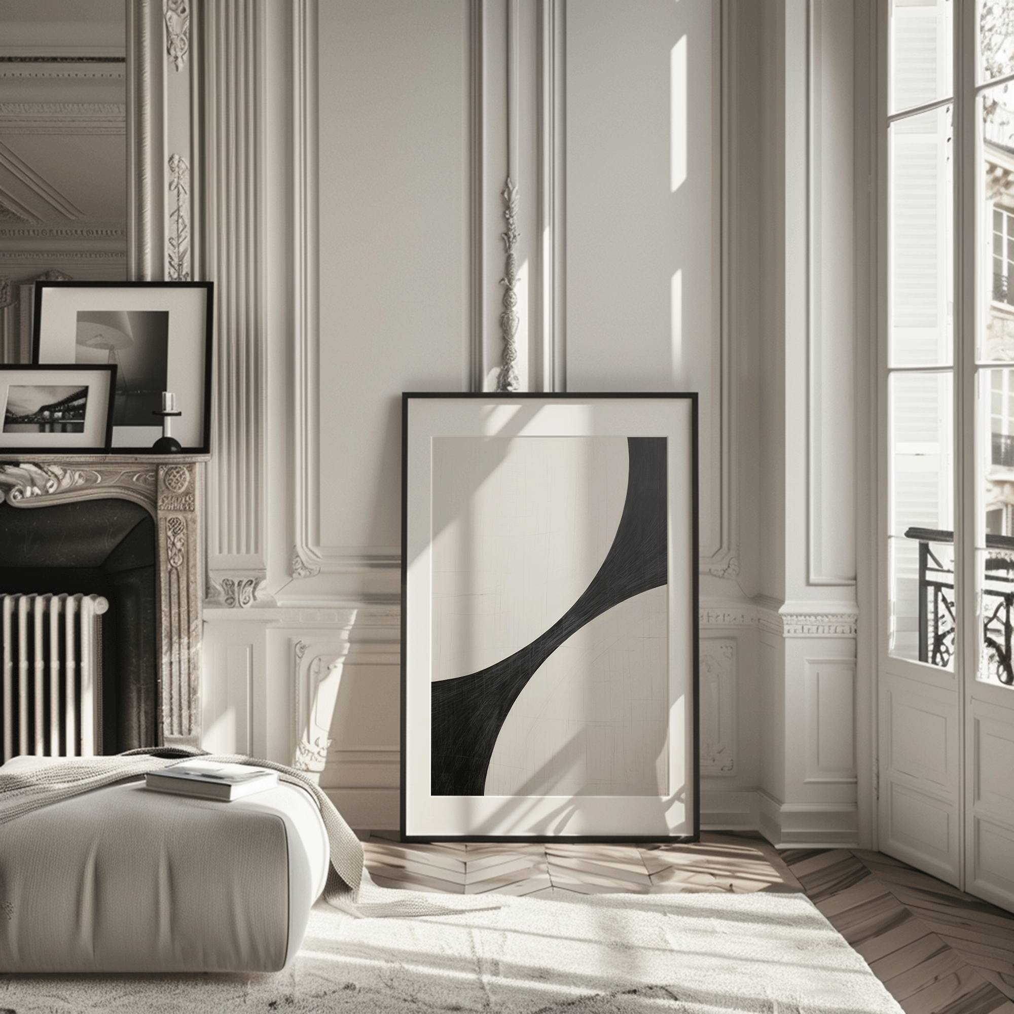 Oversized black and white curve abstract in a black frame leaning against a Parisian fireplace in a modern living room.