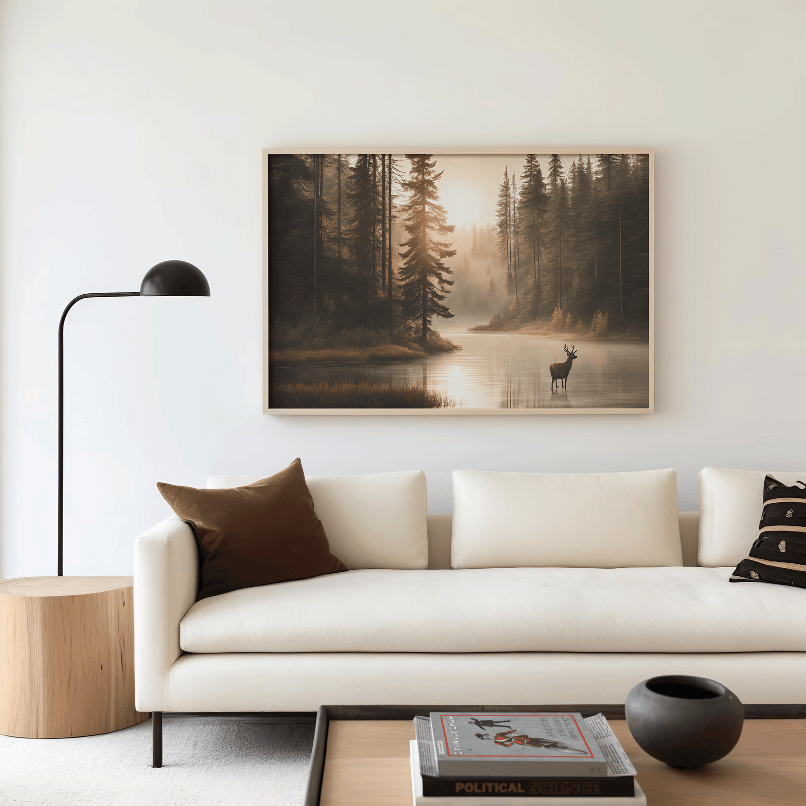 Large deer canvas wall art nature print displayed above a white sofa in a minimalist living room.