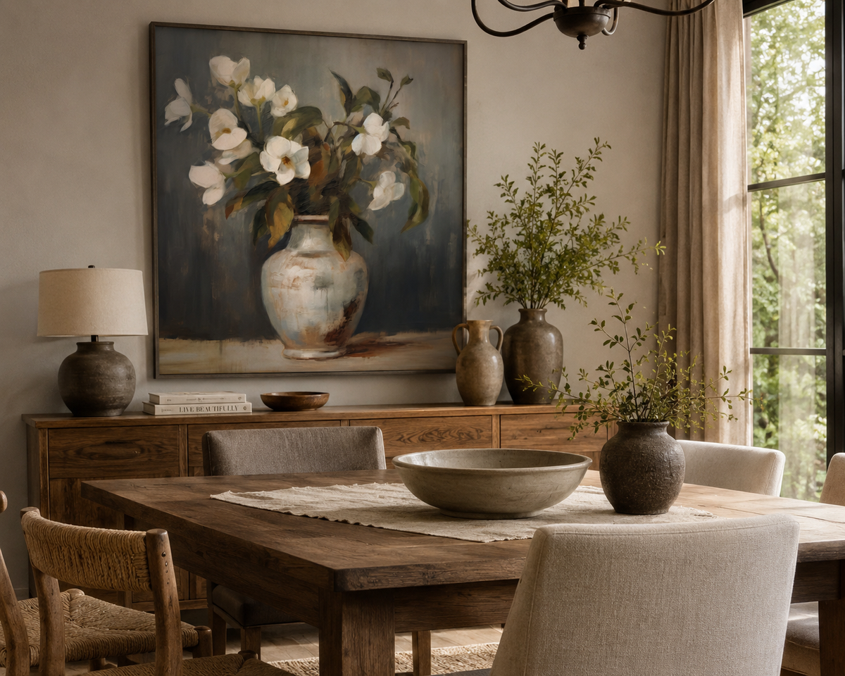 White floral vase wall art displayed in a warm modern dining room above a wood sideboard with neutral furnishings and natural textures.