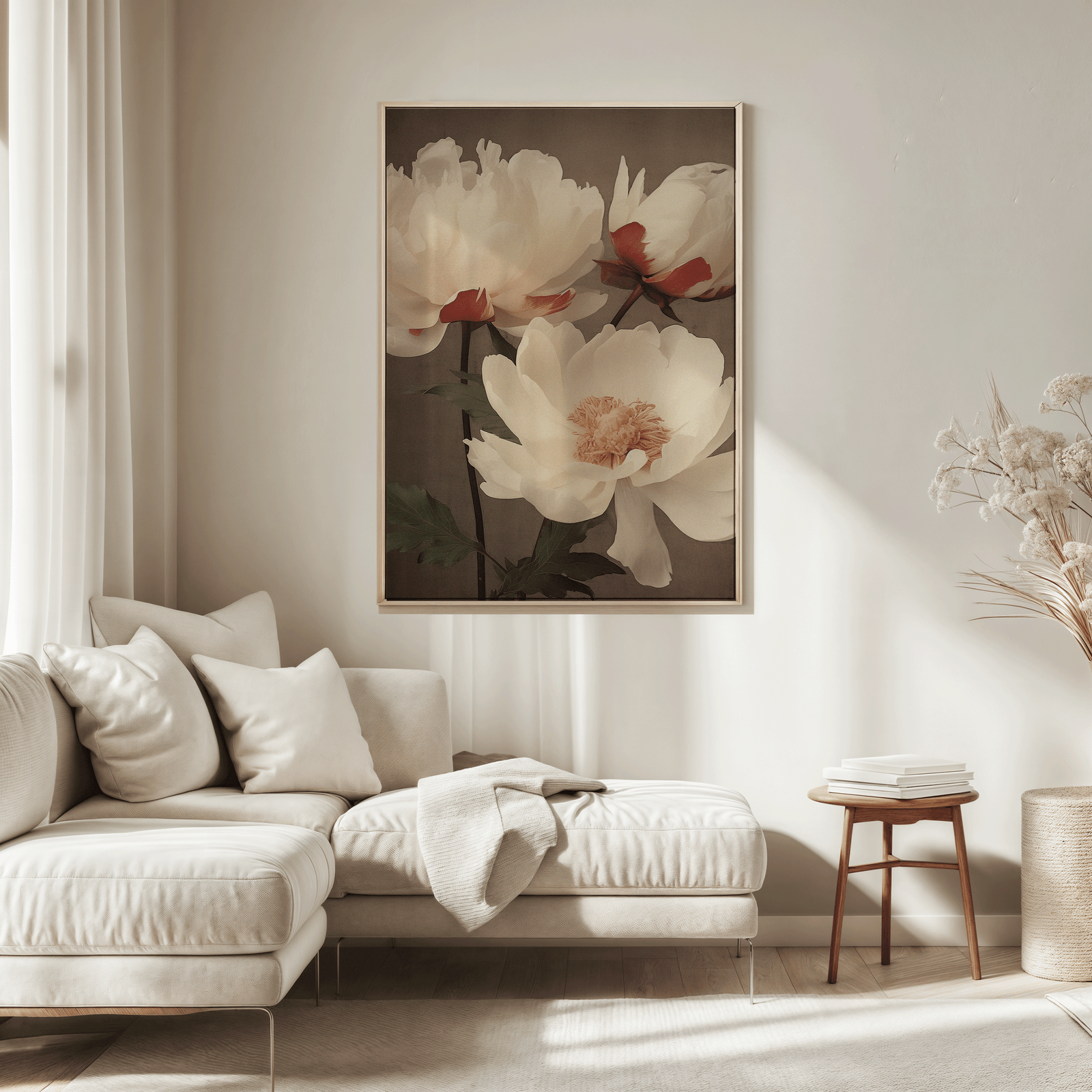 Large brown wooden-framed white lotus flower canvas wall art above cream sectional sofa in a neutral, minimal living room