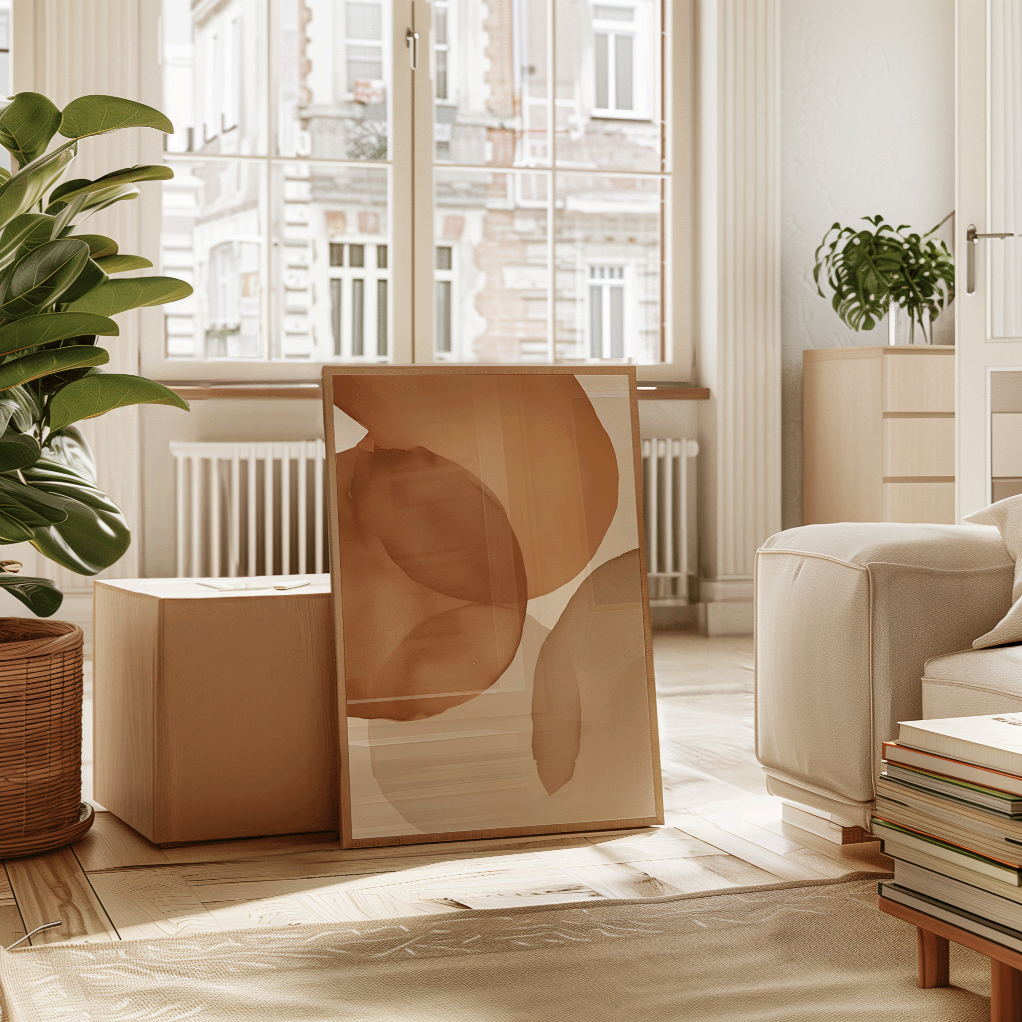 Oversized light brown, orange, beige, cream, and terracotta watercolor abstract framed print leaning by window in cozy modern apartment