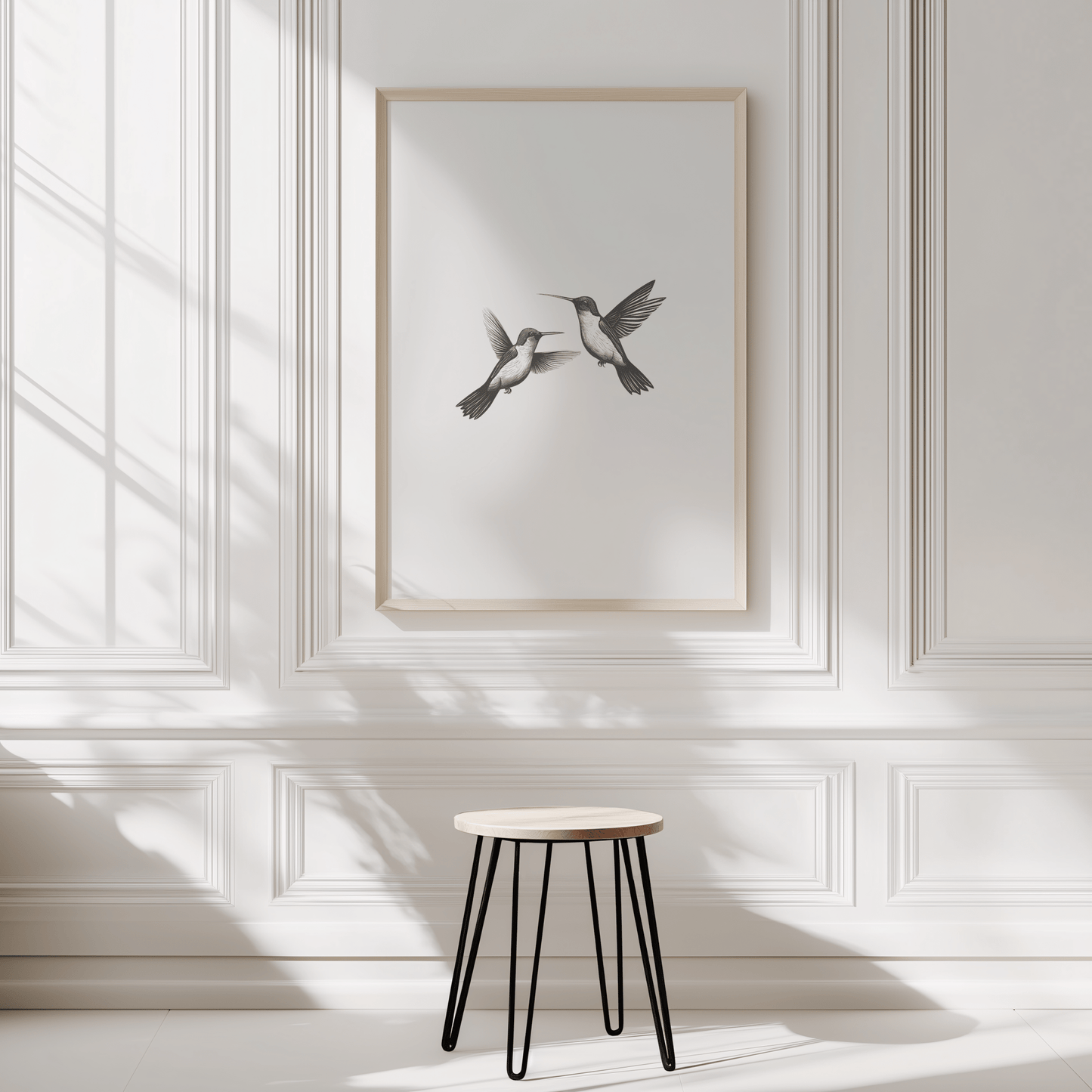 Simple Scandinavian-inspired display of a minimal black and white hummingbird sketch framed wall art in a light wood frame hung on a white paneled wall, styled with soft daylight and minimal decor for an airy Nordic design aesthetic.