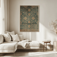 Living room with a beige sofa, decorative pillows, and a large framed blue and beige botanical wall art print