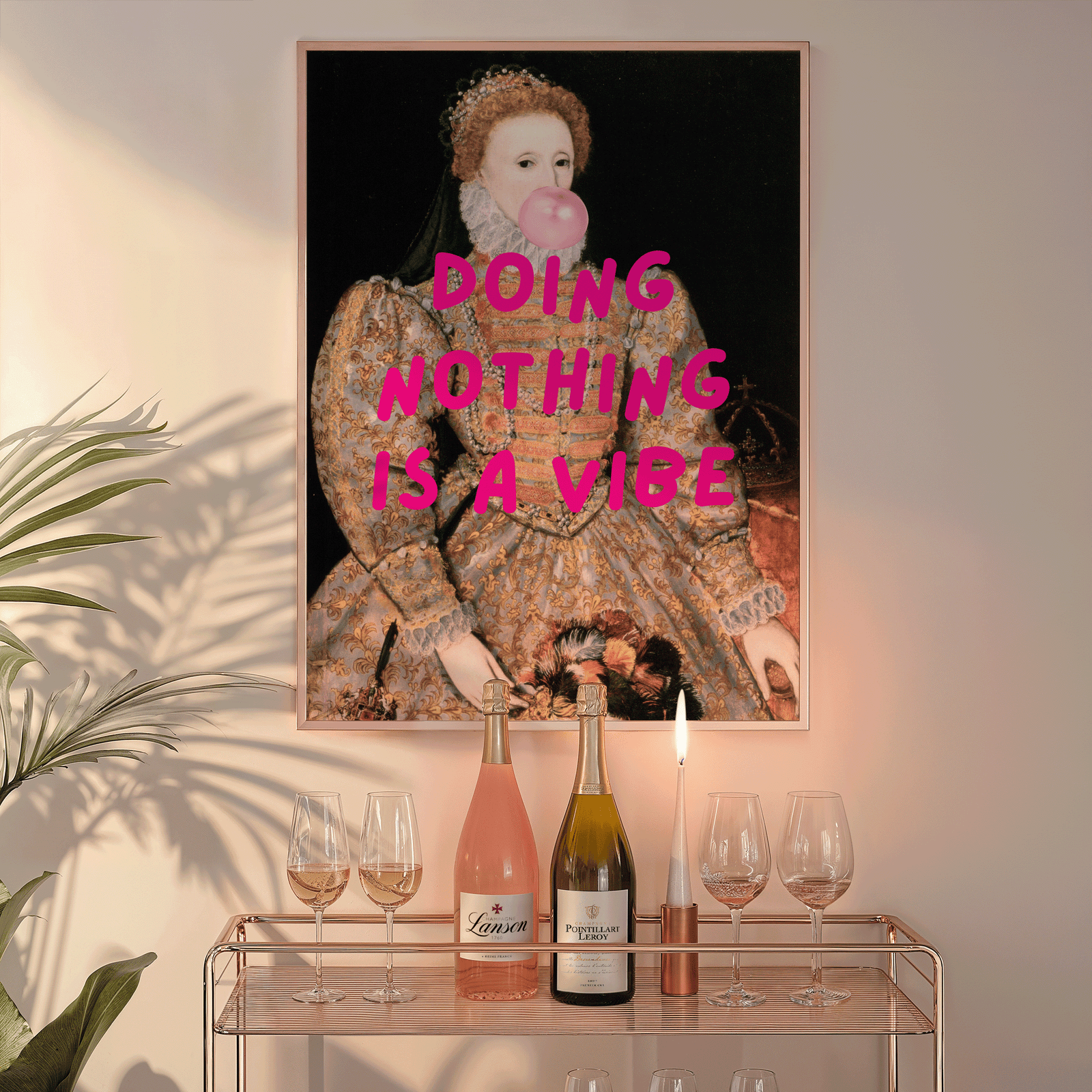 Funny large framed vintage wall art above bar cart in dining room with wine bottles, doing nothing is a vibe