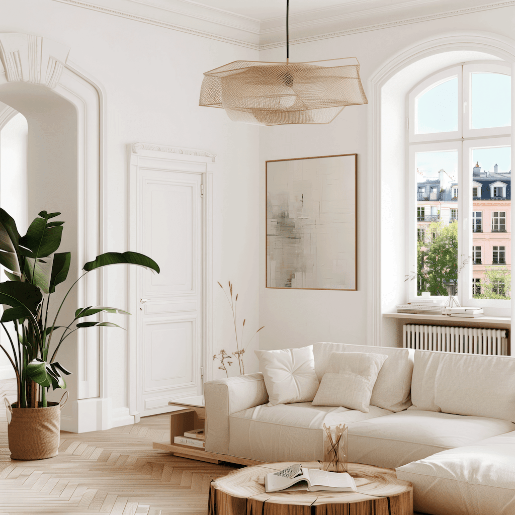 Minimal abstract canvas wall art with gold frame and hung above beige sofa in bright modern living room next to a large window.