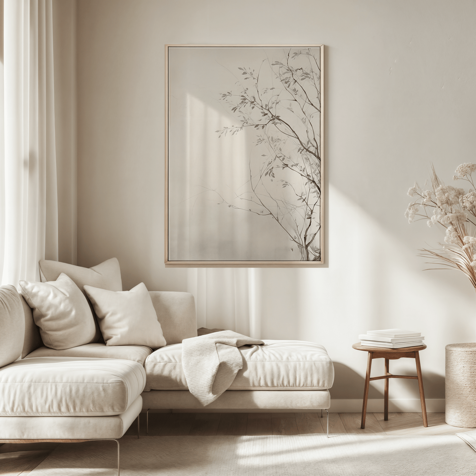 Minimalist vintage botanical wall art framed in beige tones above neutral sofa in a living room