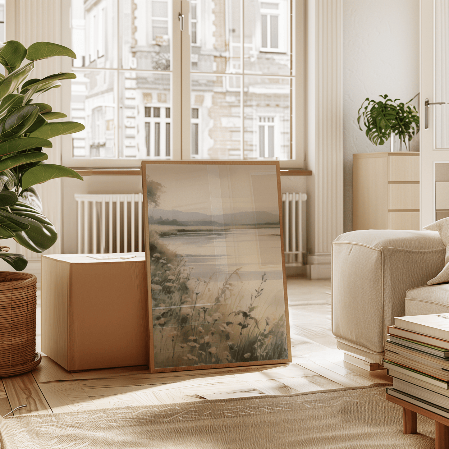 Soft neutral nature landscape wall art framed and leaning on floor in bright modern living room apartment