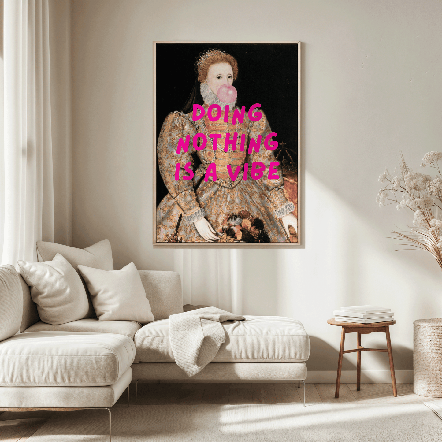 oversized framed funny vintage wall art of a victorian princess being cheeky styled above sofa in bright neutral living room